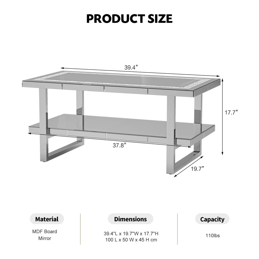 Mirrored Coffee Table with 2 Tiers, 2 in 1 Rectangle Coffee Table with Crushed Diamond, Silver Living Room Table with