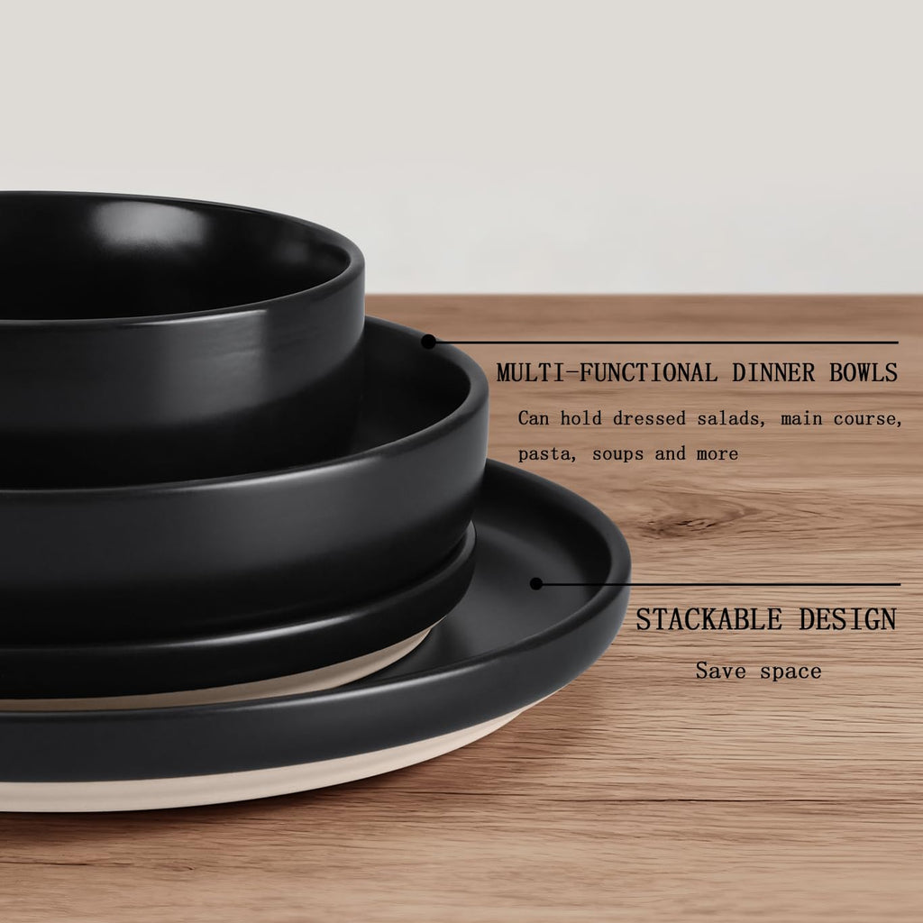16-Piece Plates and Bowls Set for 4, Stoneware Dinnerware Sets with Pasta Bowl, Dishes Set Restaurant, Frosting Black