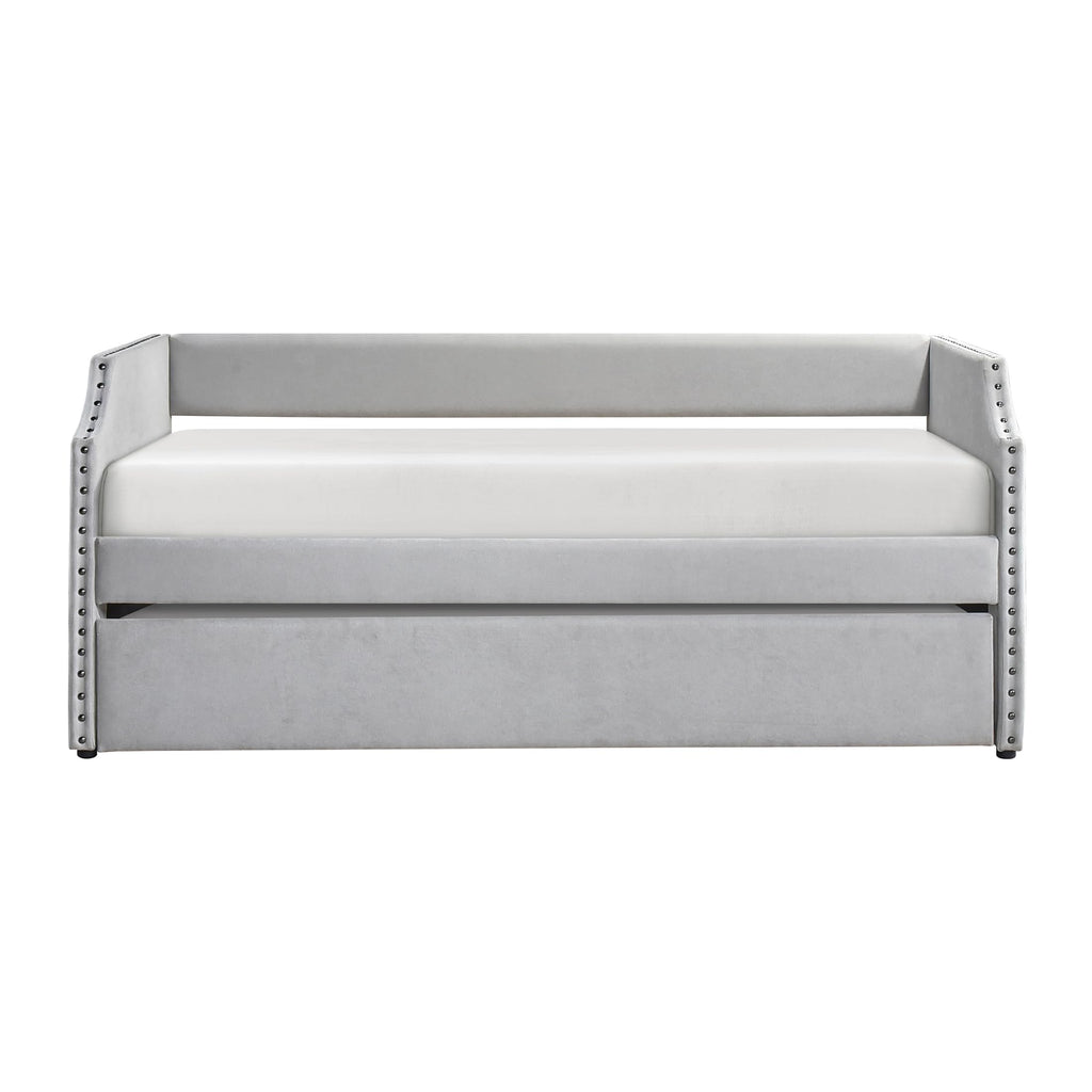 Twin Daybed with Trundle, Nailhead Trim, Fabric, Gray
