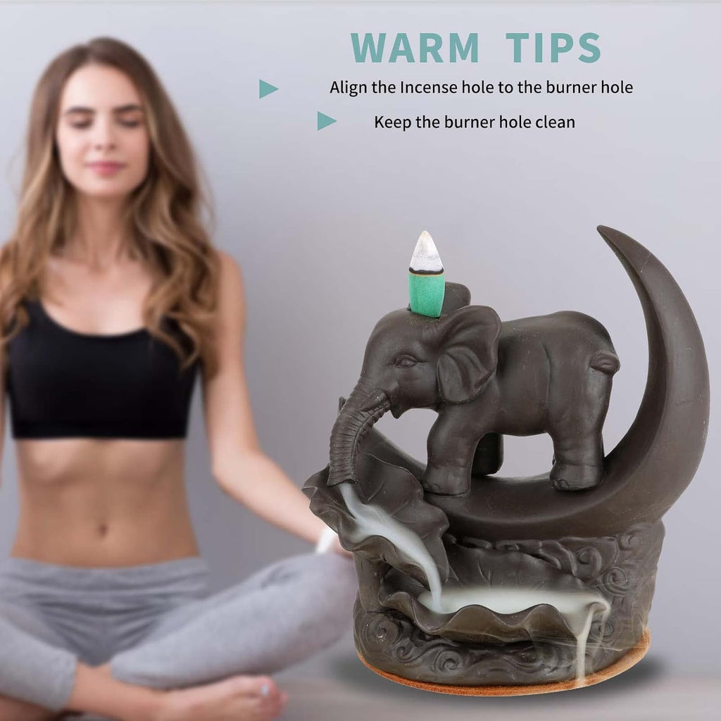 Elephant Backflow Incense Burner with 20 Cones, 30 Sticks, Tweezer, Mat - Set of 50