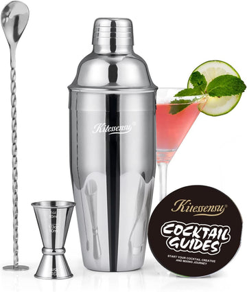 Cocktail Shaker, 24oz Drink Shaker with Bartender Strainer, Measuring Jigger, Bar Mixing Spoon, Cocktail Recipe