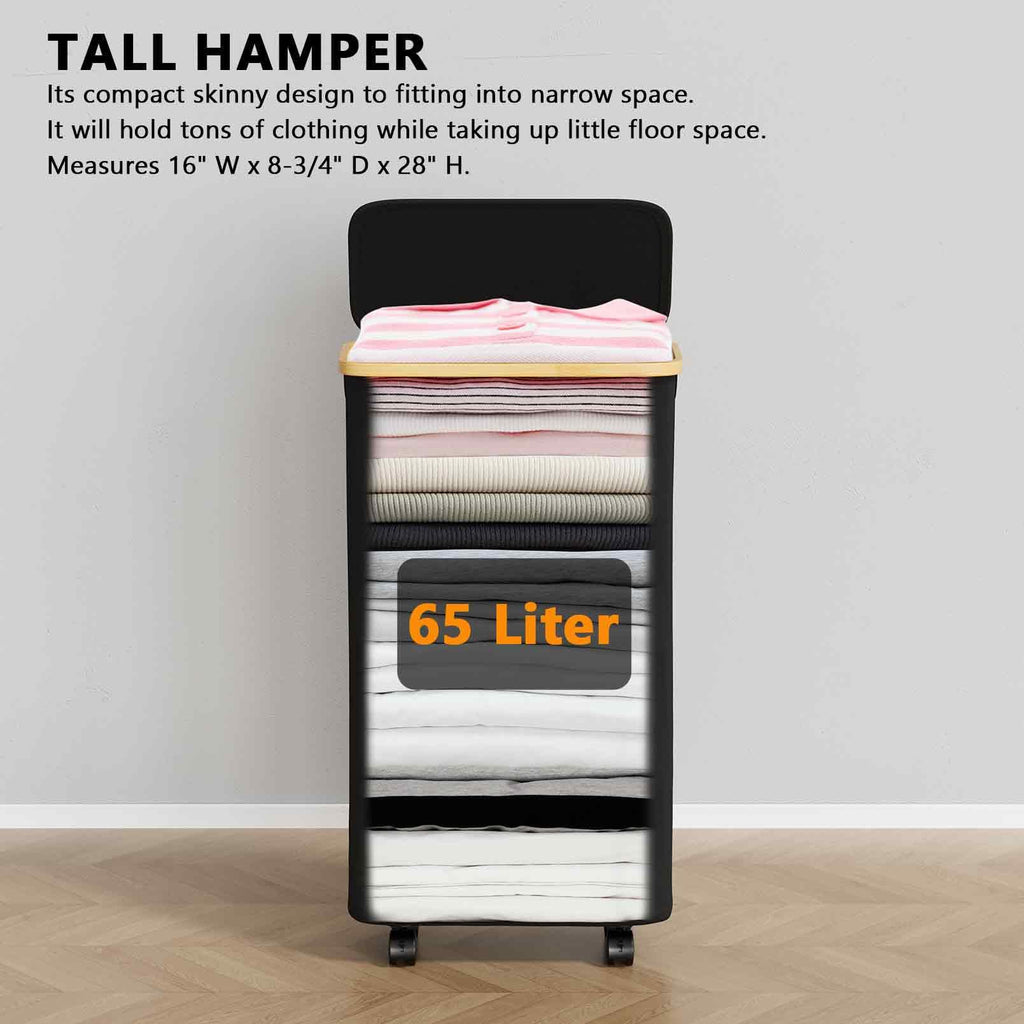 Slim Laundry Hamper with Wheels and Lid,62L Rolling Narrow Clothes Basket with Bamboo Handle, Large Laundry Hamper