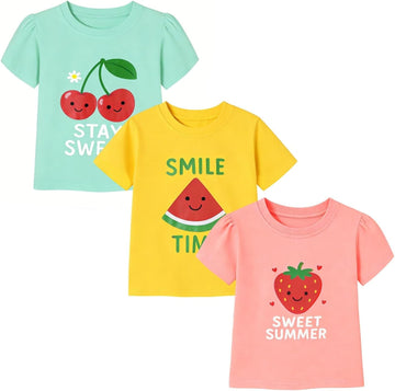 Toddler Girls Graphic T Shirts 3 Pack 100% Cotton Cute Spring Summer Short Sleeve Tees Soft Breathable Tops
