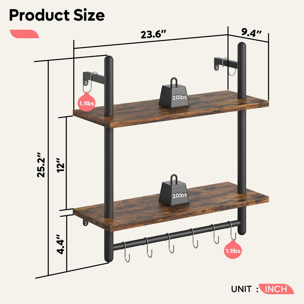 24" 2 Tier Industrial Pipe Wall Shelf with 8 Hooks, Rustic Brown