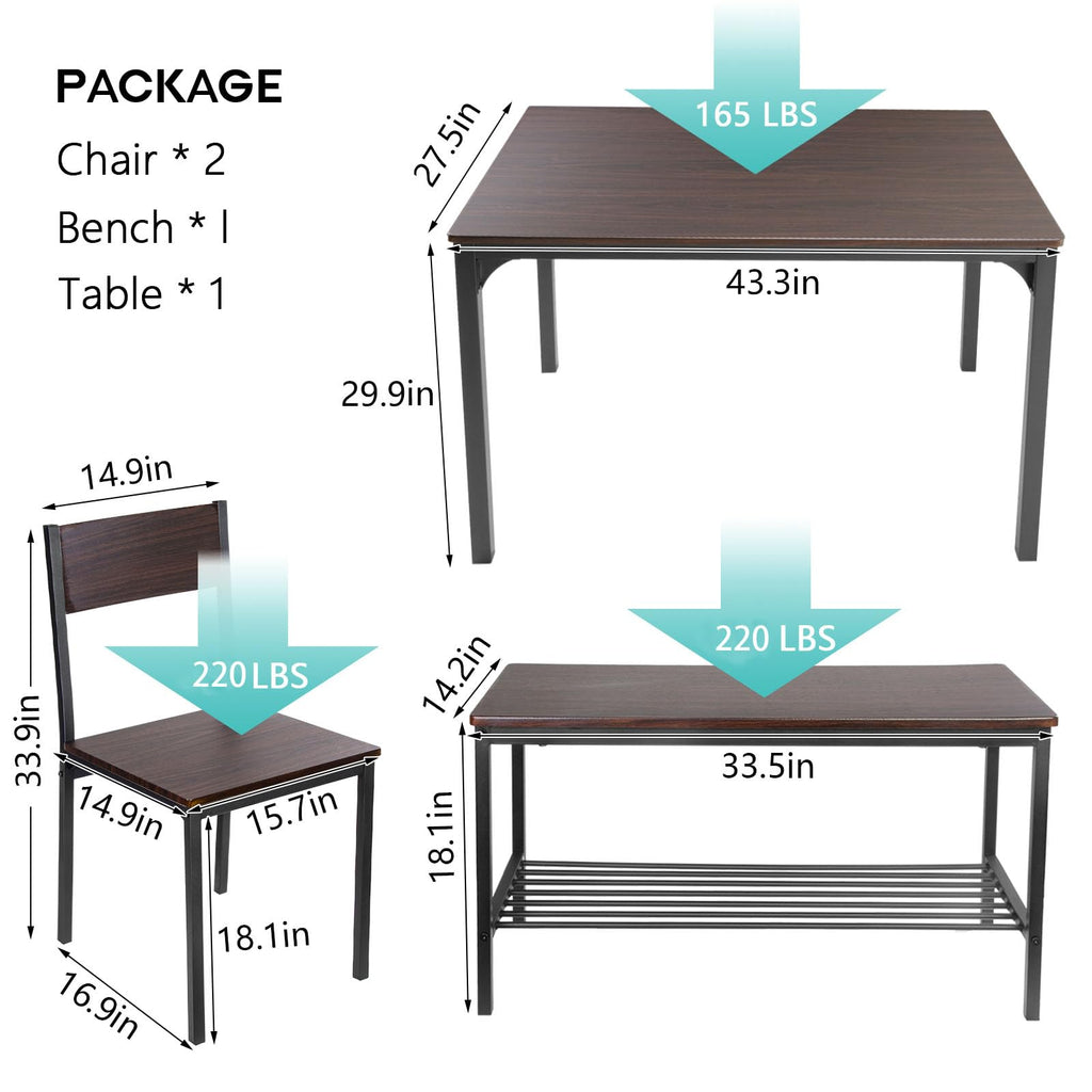 Kitchen Table Set for 4, Nesting Table with 2 Chairs & Bench, Oak