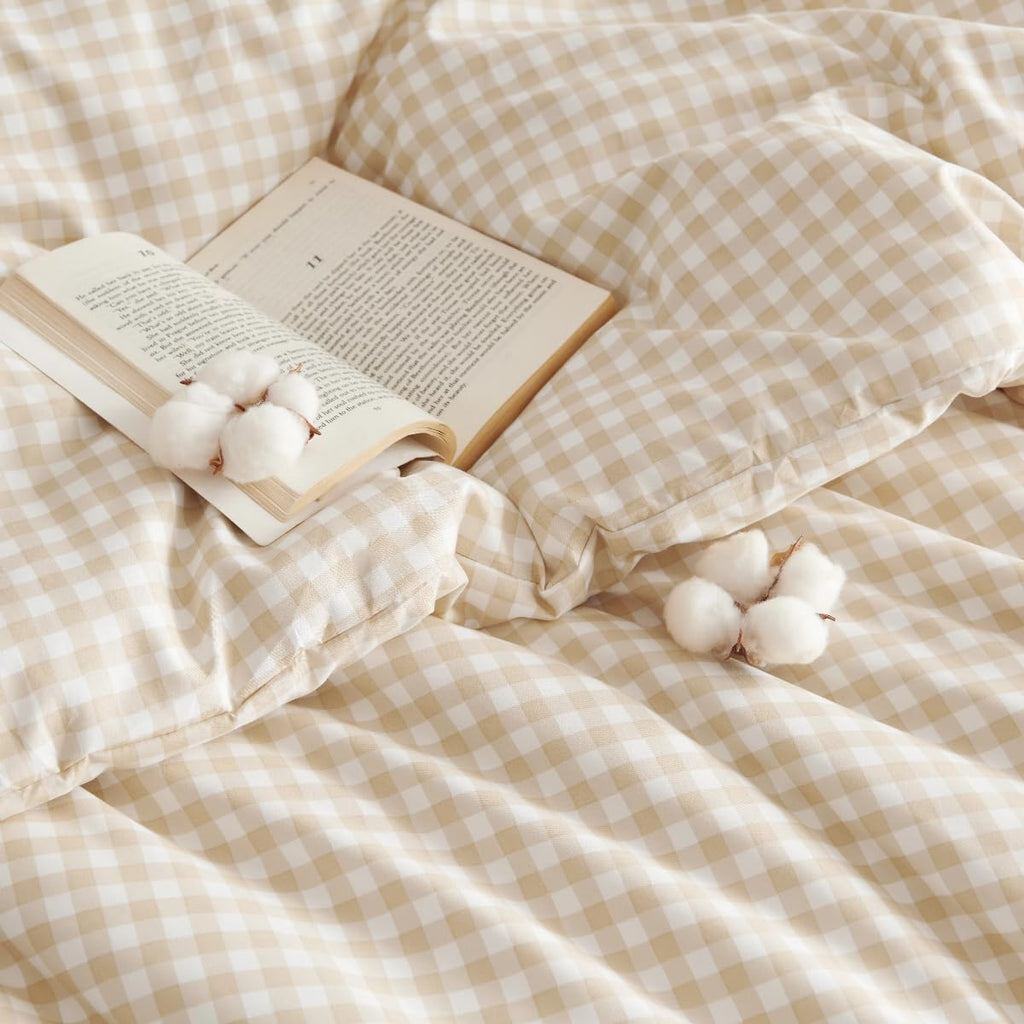 Gingham Comforter Set Beige Bedding Set and 2 Pillowcases