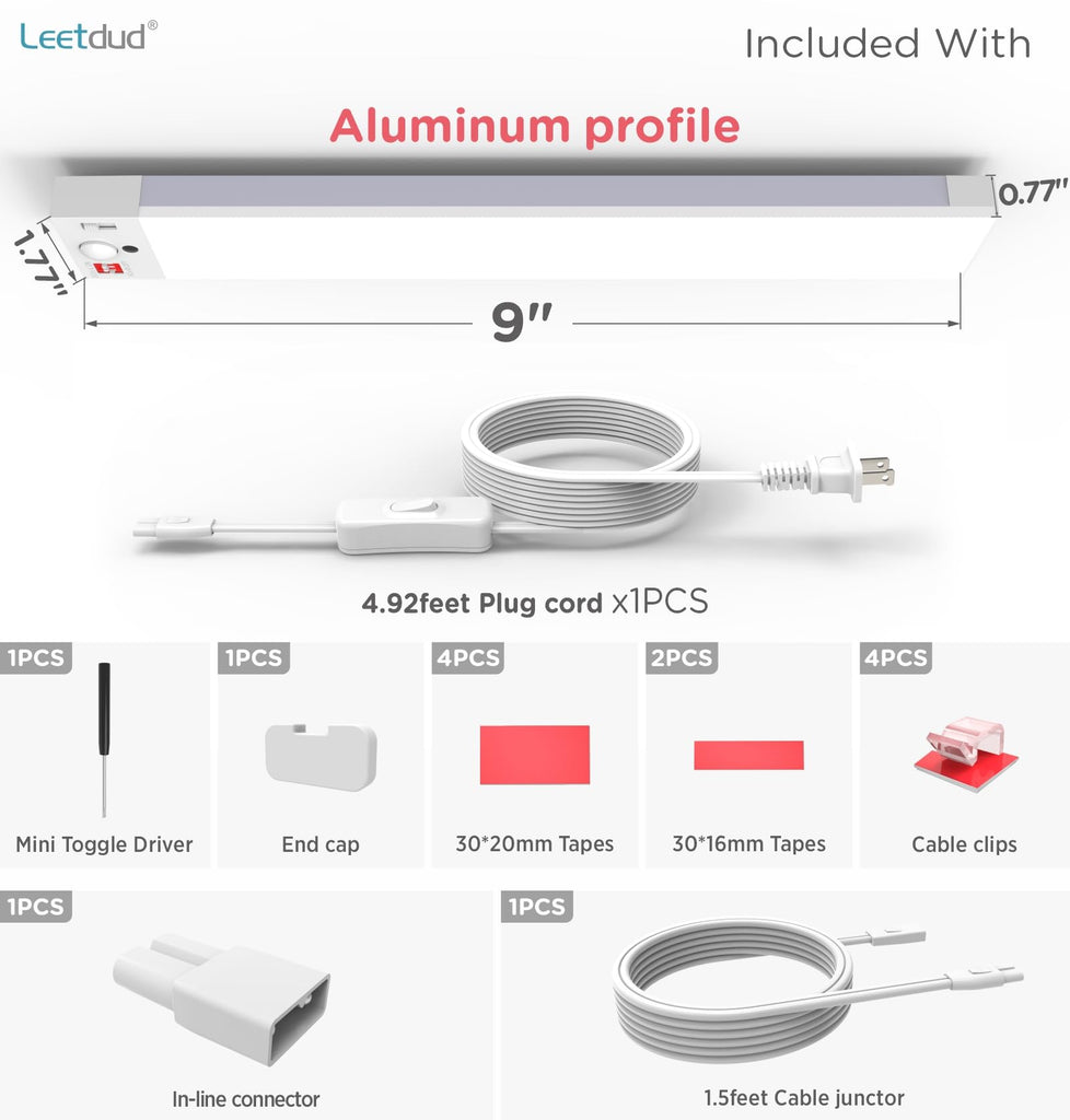 Under Cabinet Lighting Plug in 9 Inch, 120V Motion Sensor Lights Indoor, 3CCT 3000/4000/5000K, Aluminum Linkable