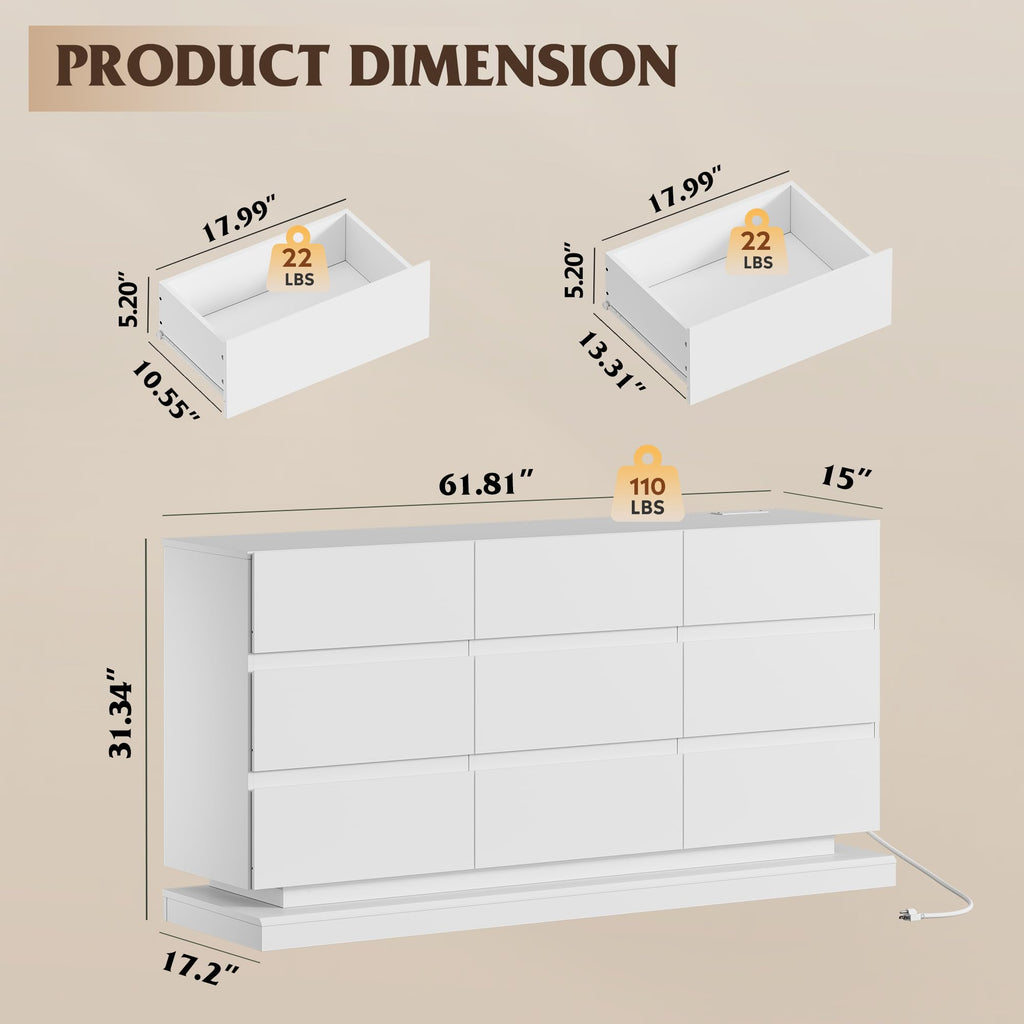9 Drawer Dresser with LED Light, Dresser with Charging Station