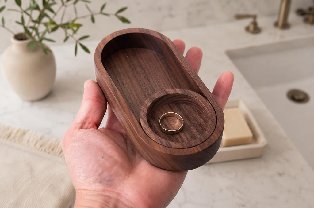 Black Walnut Oval Tray with Removable Round Dish - Solid Wood Jewelry Organizer, Ring Holder, Desk Valet, Minimalist