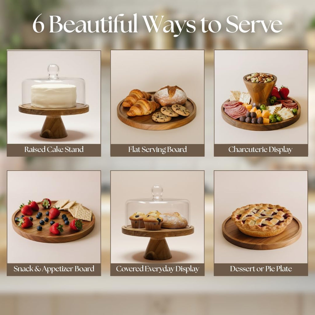 Acacia Wood Cake Stand with Glass Dome Lid & Reversible Serving Board Set