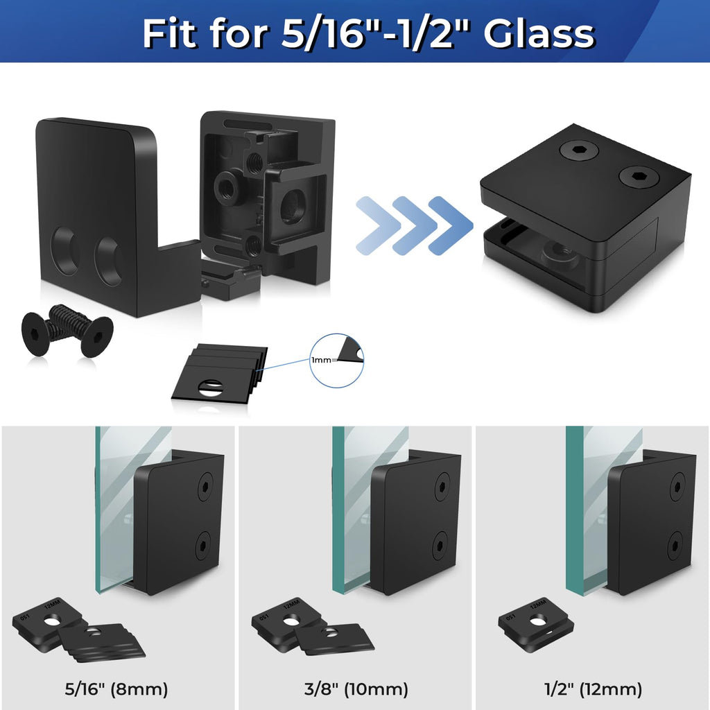 20 Pack Black Square Glass Clamp with Removable Bottom Support Plate, Heavy Duty Stainless Steel 45x45mm Flat Glass