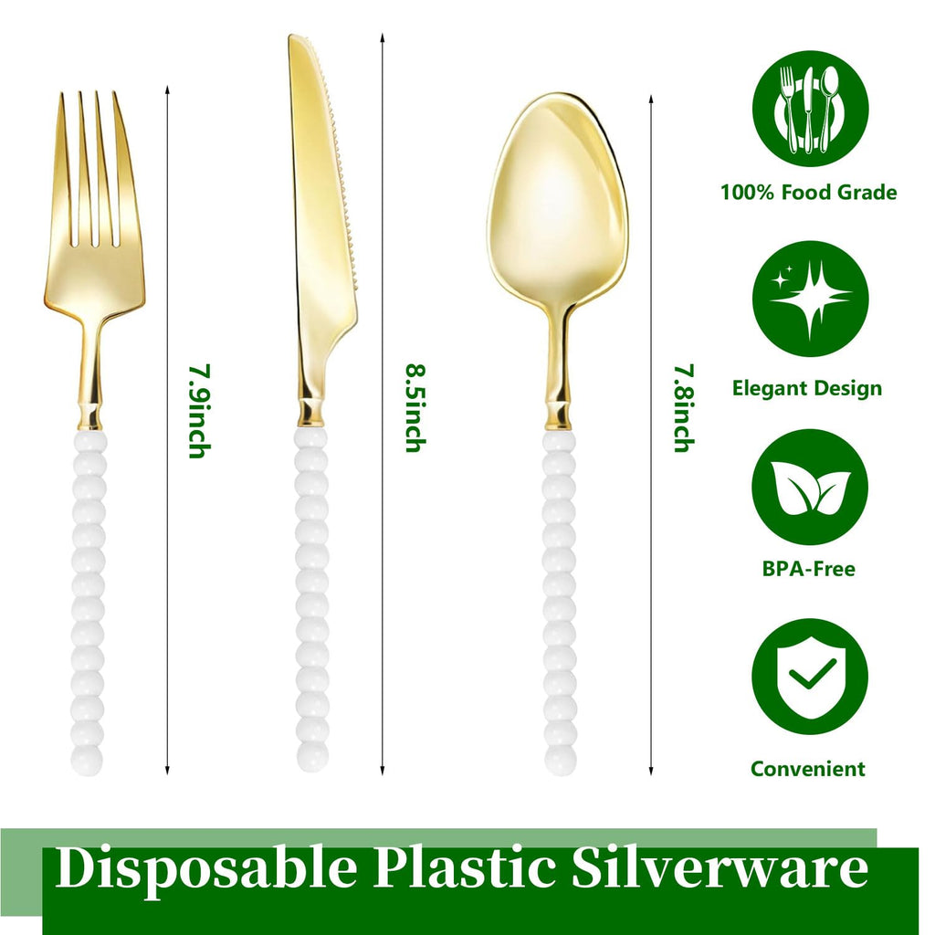 120 Pcs Gold Plastic Silverware with White Beads Handle