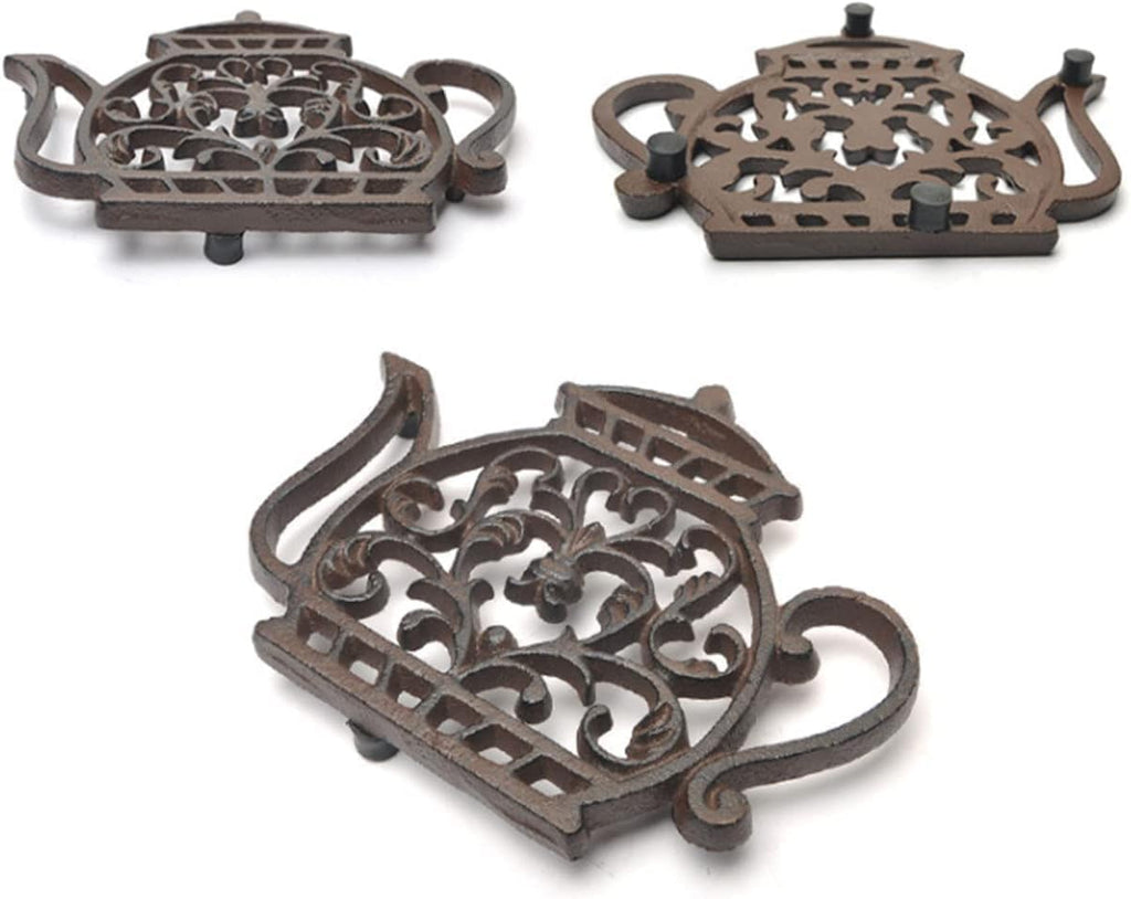 Cast Iron Trivets for Hot Dishes, Rustproof Tea Pot Trivet with Rubber Feet