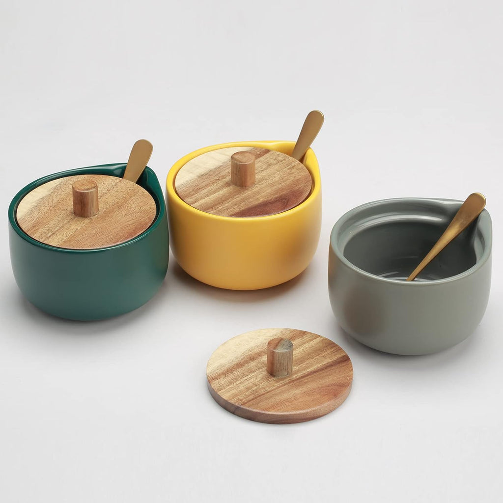 Salt Box base grey color Salt Cellar Elegant Design salt Boxes Big Capacity Wood lid grey Ceramic Base with spoon
