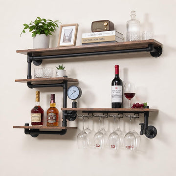 Bar Liquor Shelves, Industrial Pipe Shelving Wine Rack Wall Mounted with 4 Stem Glass Holder, Rustic Floating Pipe