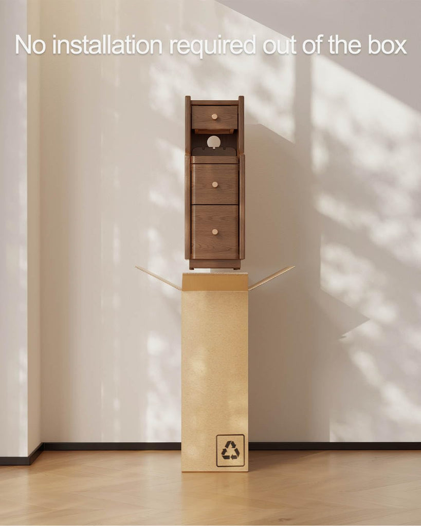 Solid Wood Narrow Nightstand with 3 Drawers, Modern Walnut, Fully Assembled