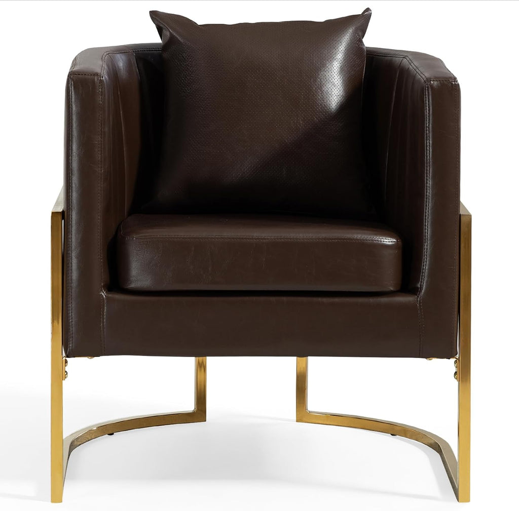 Modern Leather Accent Chair, Mid Century Upholstered Barrel Armchair with Pillow, Comfy Single Vanity Chair