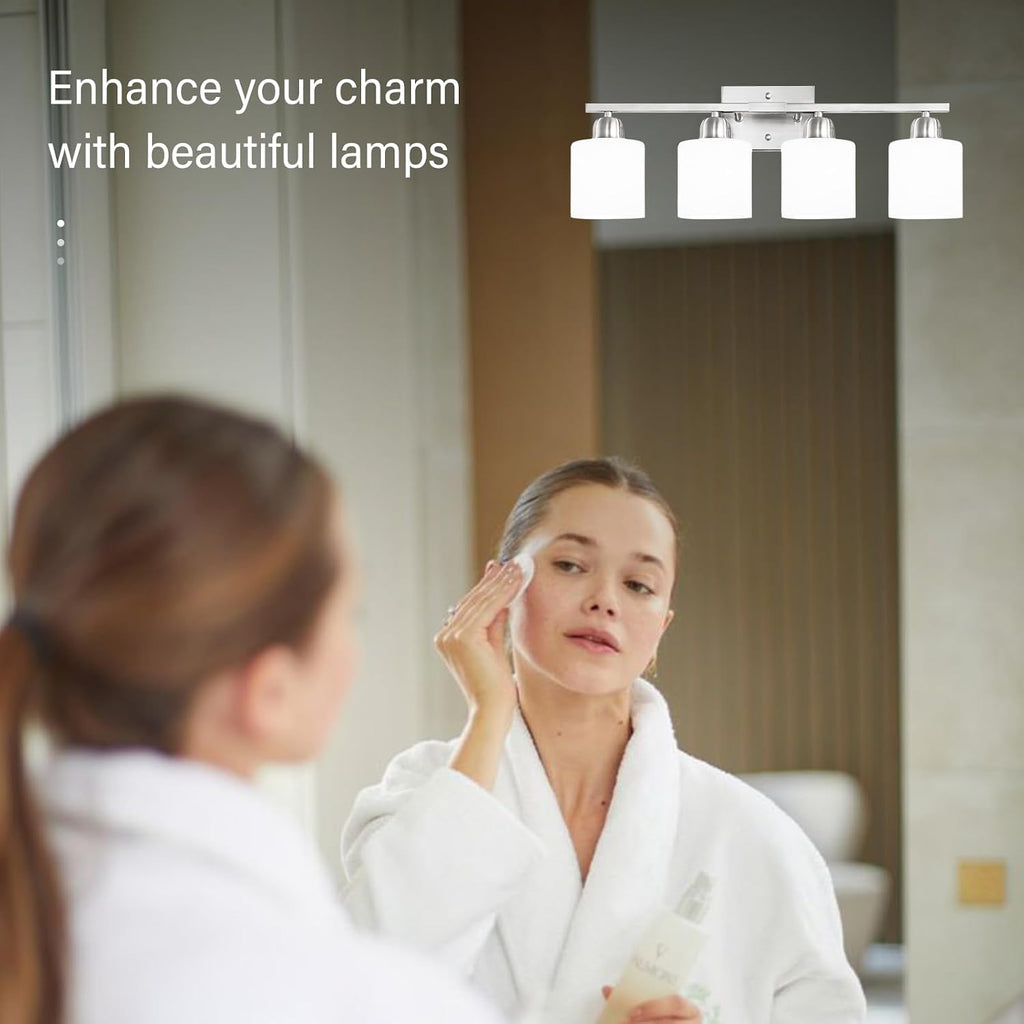 4 Light Bathroom Light Fixtures, Anti-Rust Finish Brushed Nickel Vanity Lights with Milky White Frosted Glass Shade