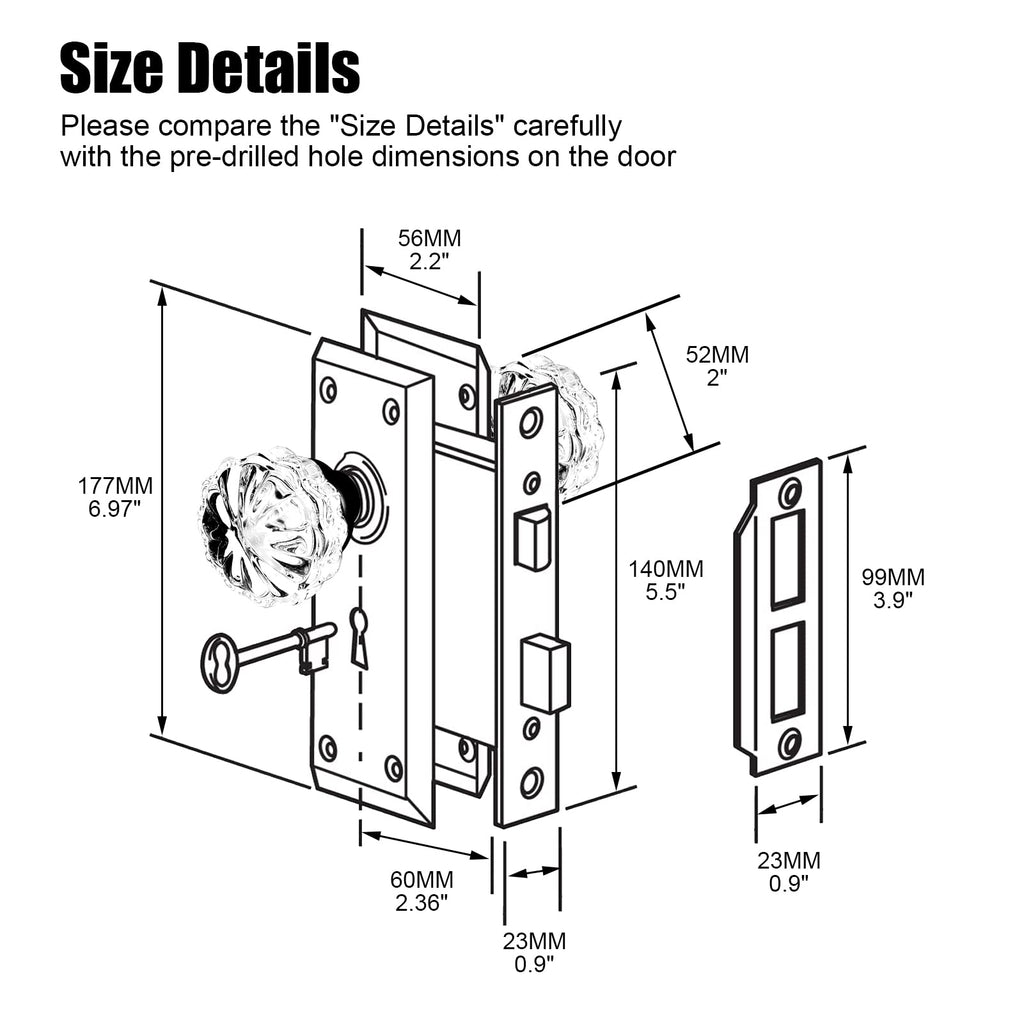 Mortise Lock Set for Interior Door with Crystal Glass Door Knobs