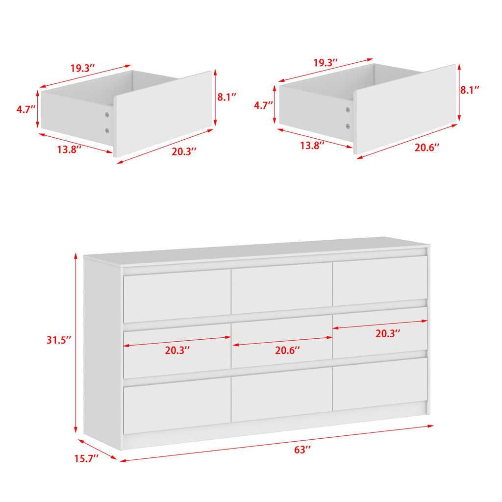 9 Drawer with Deep Drawers, Large Floor Wood Dressers & Chest of Drawers Handle Free, Modern White Long Dressers for
