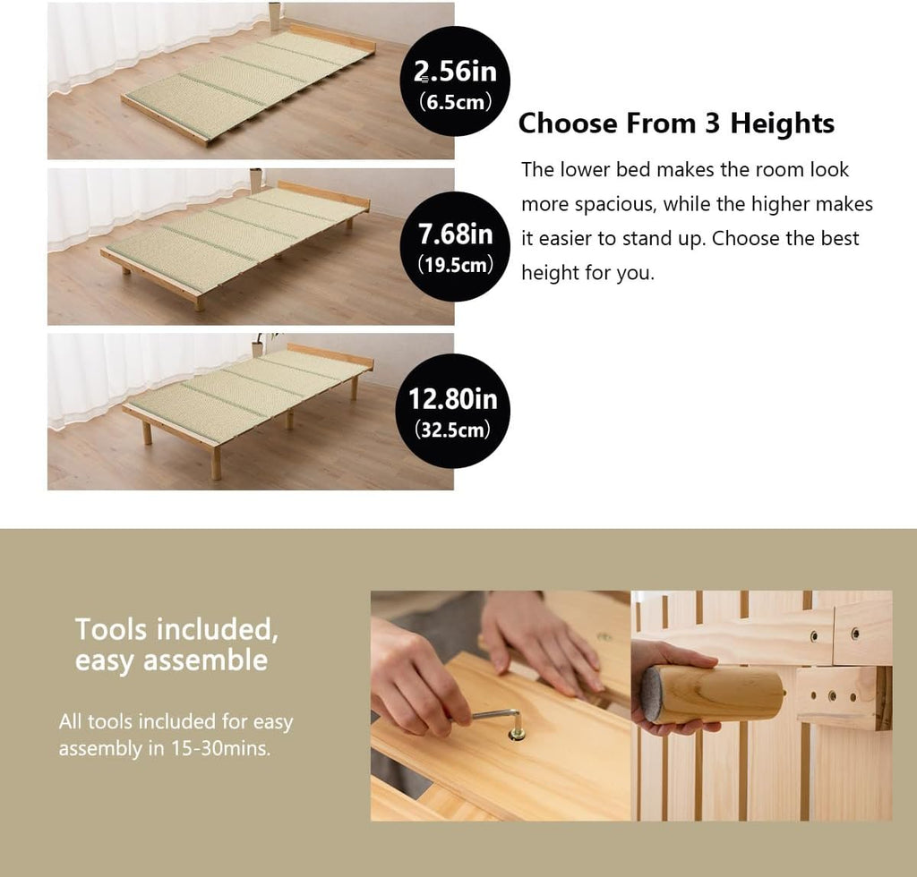 Wood Slatted & Tatami Floor Bed Frame for Japanese Futon Mattress Solid Pine (Retro-Brown), Height