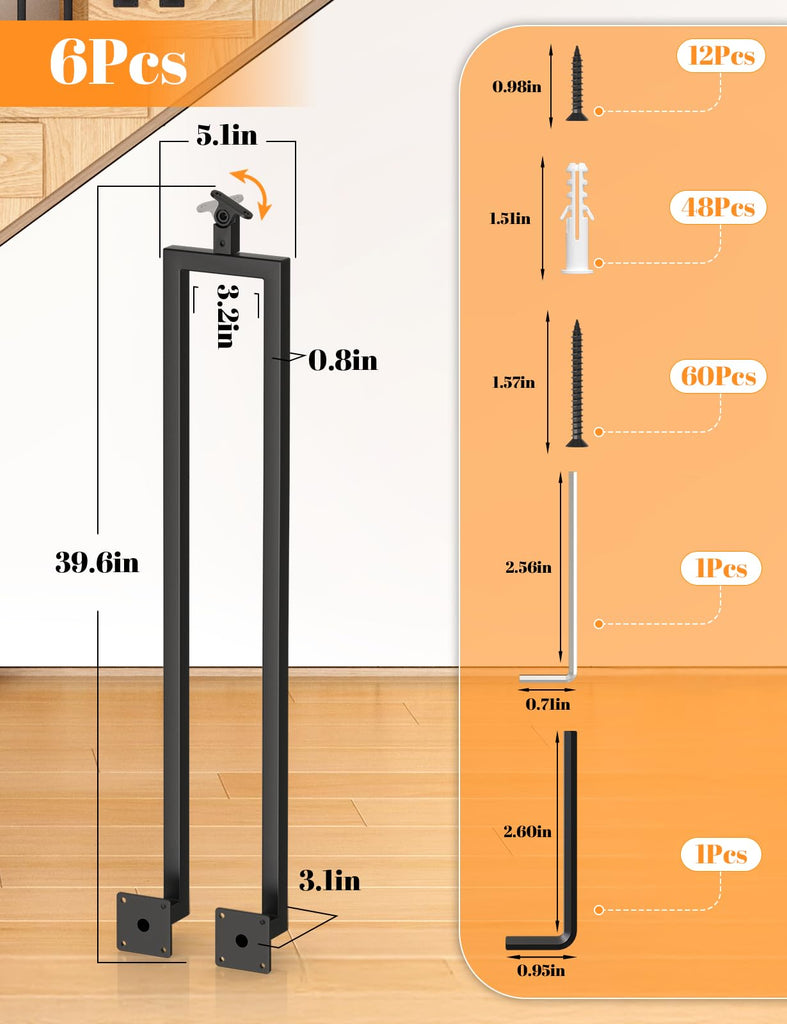 6 Pack U Shape 39.6" Stair Balusters with Adjustable Top Bracket for Staircase Interior, Side Mount Industrial