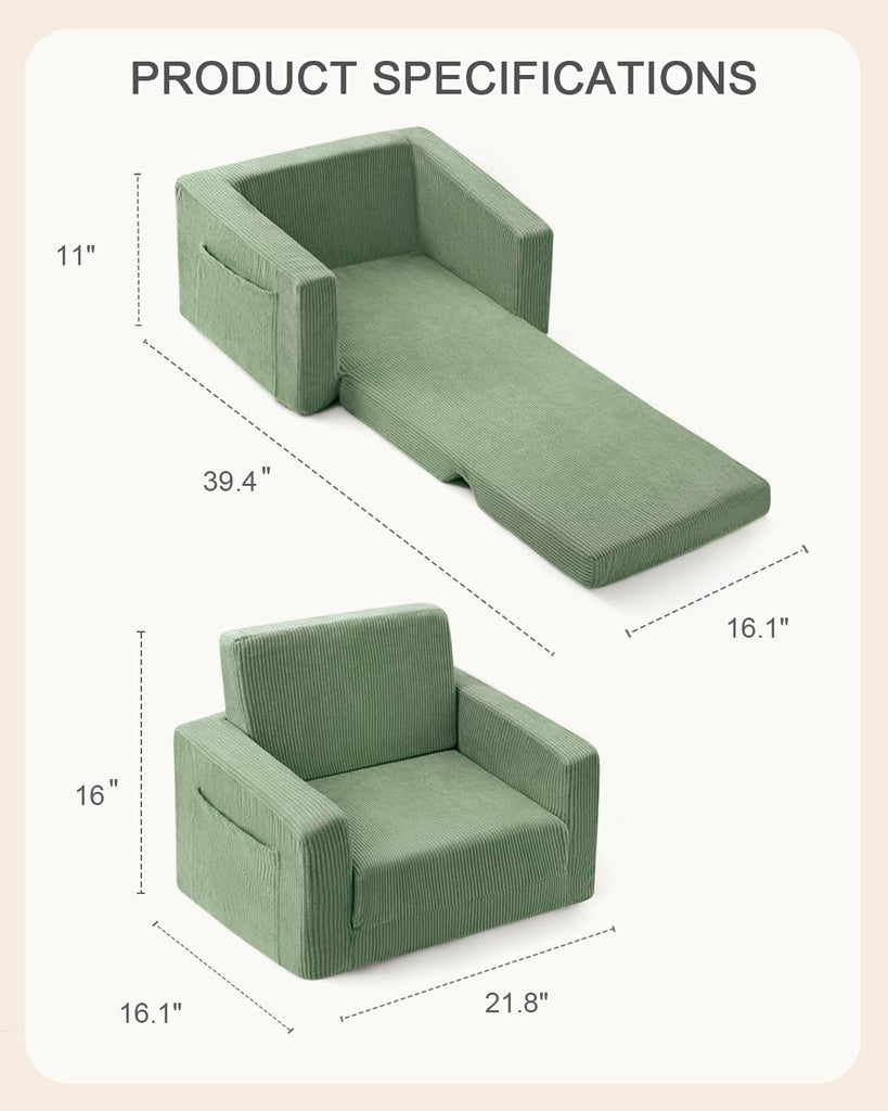 In-1 Kids Chair and Couch, Cozy Corduroy Kids Sofa, Green