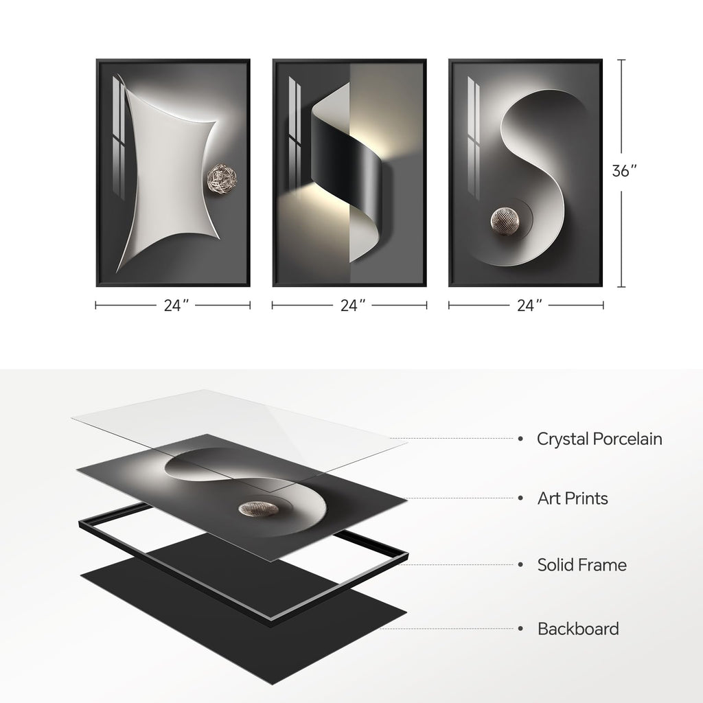 Framed Abstract Modern Black and White Wall Art, 24x36 Inch