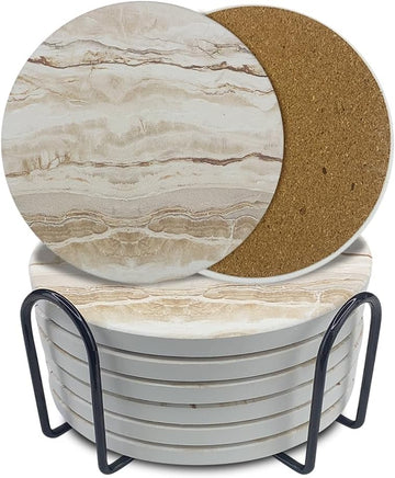 Ceramic Coasters, Marble-Textured Design with Holder - Absorbent Cork-Backed Coasters for Cups, Bar & Coffee - Set of 8