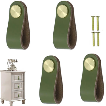 4 Pcs Leather Drawer Pulls Single Hole with Screws (Fruit Green)
