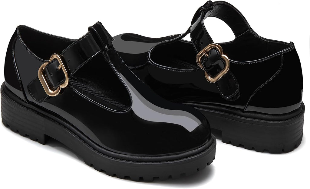 Girls Mary Jane Dress Shoes Platform Loafers School Uniform Chunky Heel Closed Toe T-Strap Flats