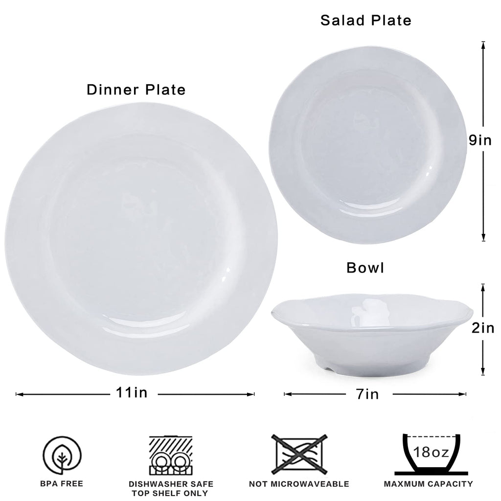 Basic White Melamine Dinnerware Sets, 18 Piece melamine dishes set, Service for 6, Plates and Bowls Sets Great for