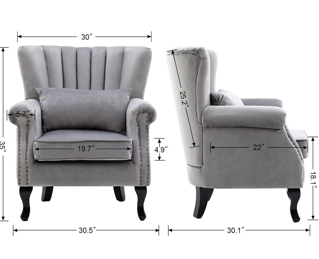 Grey Accent Chair Velvet Wingback Chair with Pillow Nail-Head Channel Tufted Oversized Club Chair Bedroom Guest Room