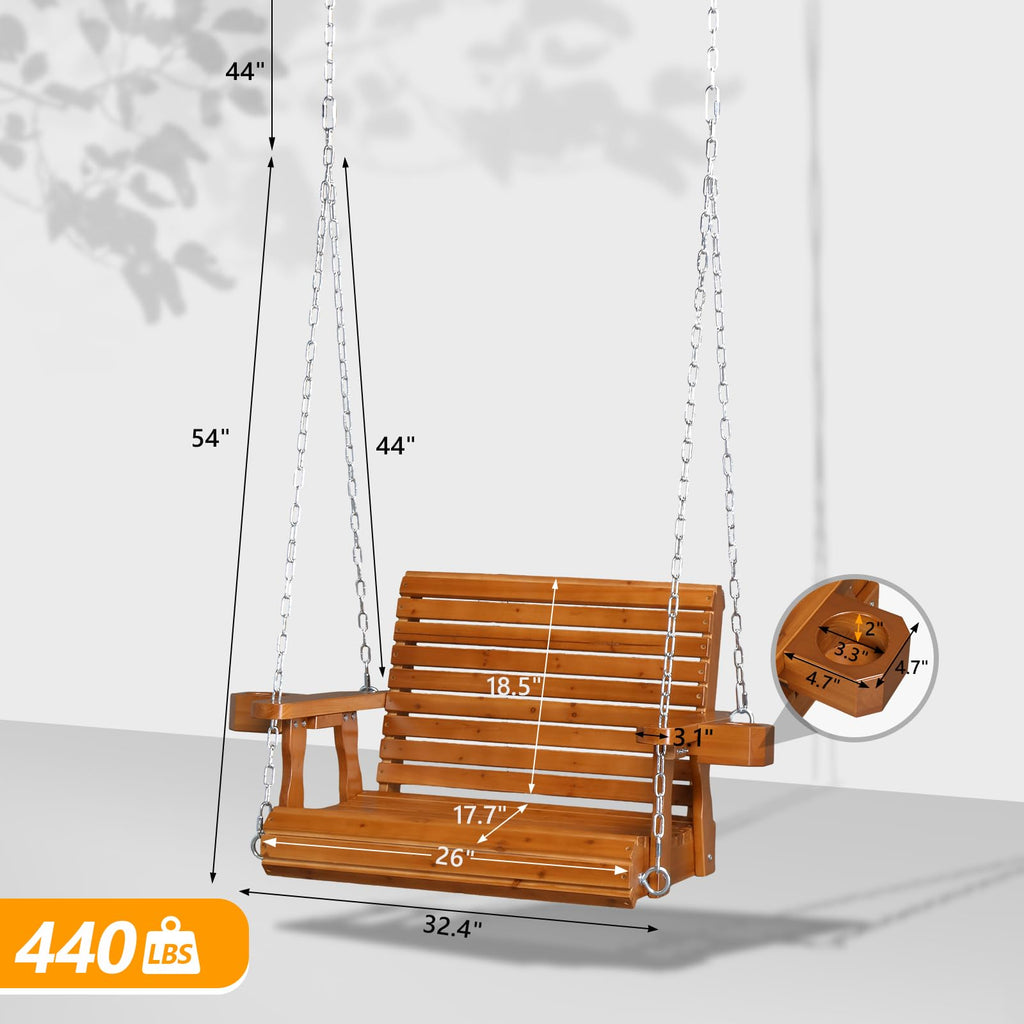 440 LBS Heavy Duty 1-Person Wooden Porch Swing, Brown