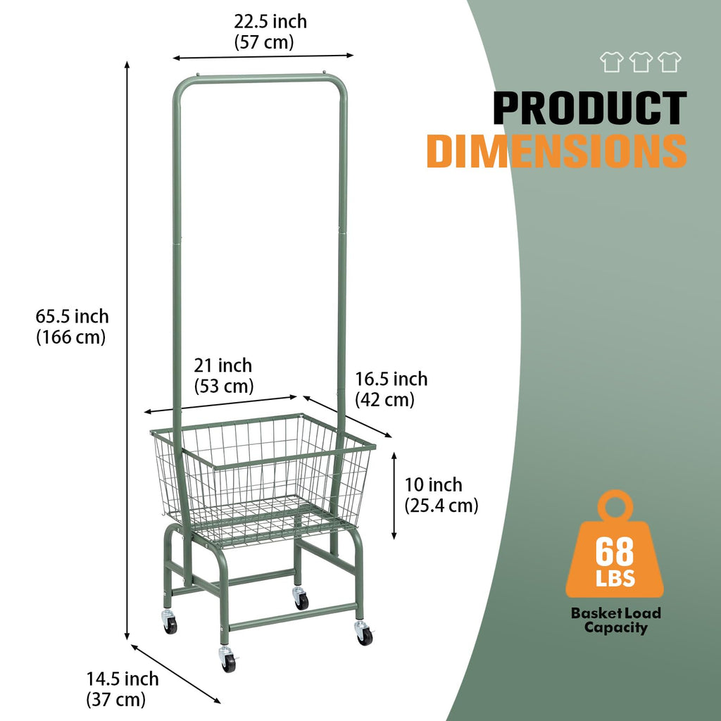 Laundry Cart with Clothes Rack, Rolling Laundry Butler with Wire Storage Rack,Green