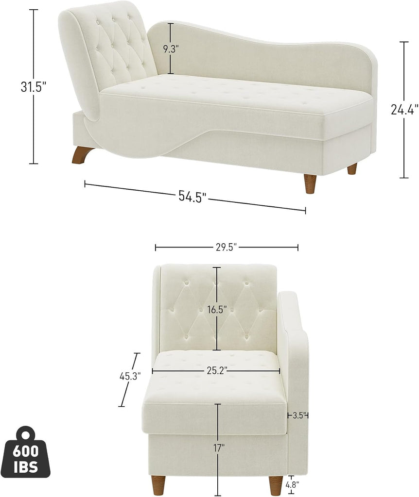 Indoor Velvet Chaise Lounge Chair with Storage , Beige White | Reading chair chaise sleeper sofa bed with pillow, 3