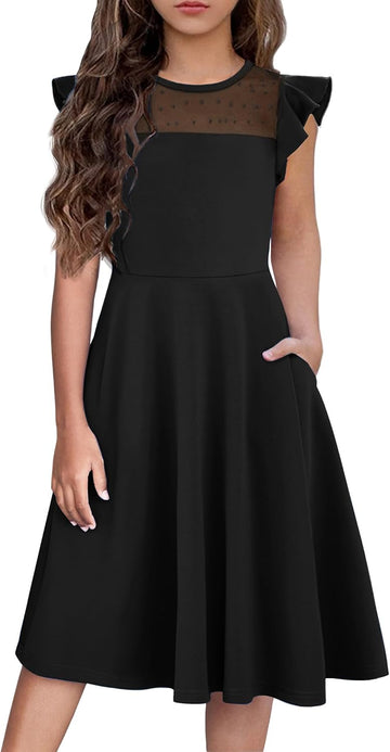Girls Dresses Summer Formal Party Wedding Ruffle Sleeve Mesh Knee Length A Line Dress with Pockets