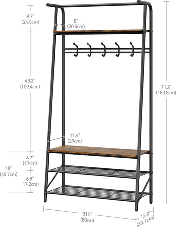 Entryway Hall Tree with 5 Hooks, Shoe Bench & Storage Shelf, Coat Rack Organizer with Wood Accents and Metal Frame