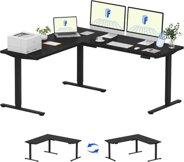 71 x 63 Reversible L-Shaped Corner Standing Desk, Black | Height Adjustable, Large Workspace, Anti-Collision, Memory