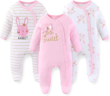 3 Pack Long Sleeve Baby Footed Rompers
