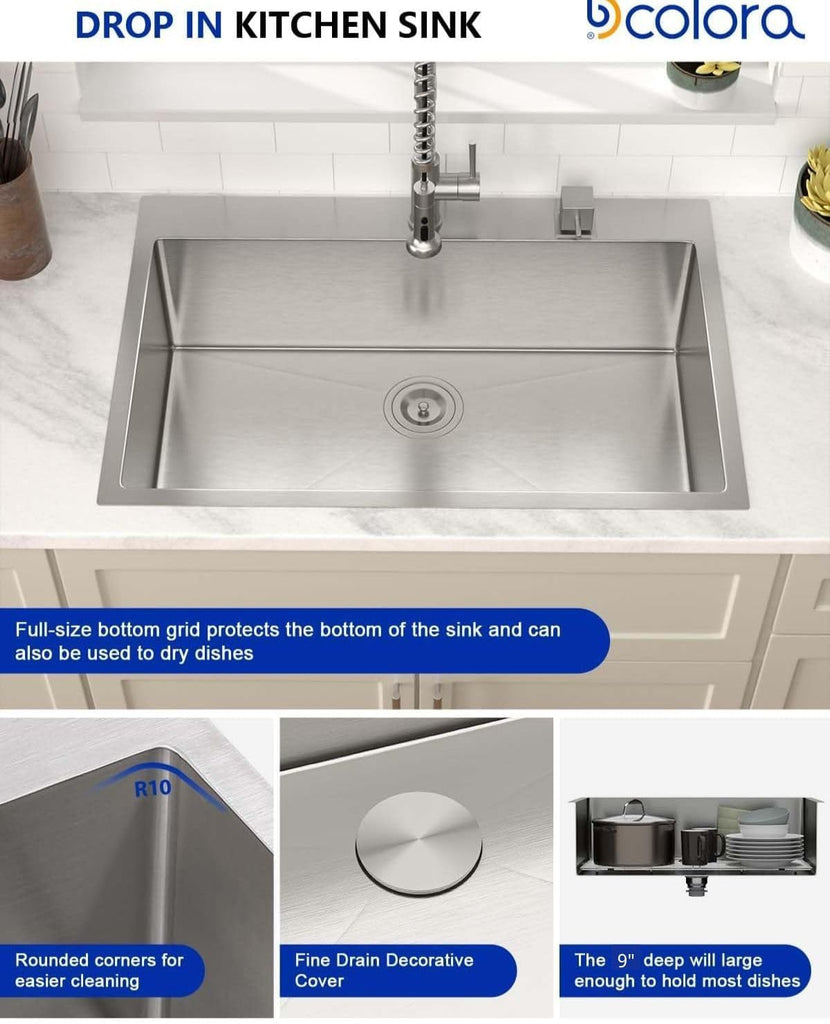30 Inch Drop Sink Workstation 16 Gauge 304 Stainless Steel Single Bowl Top Mount Sinks, Round Corner 30"x22"x9"