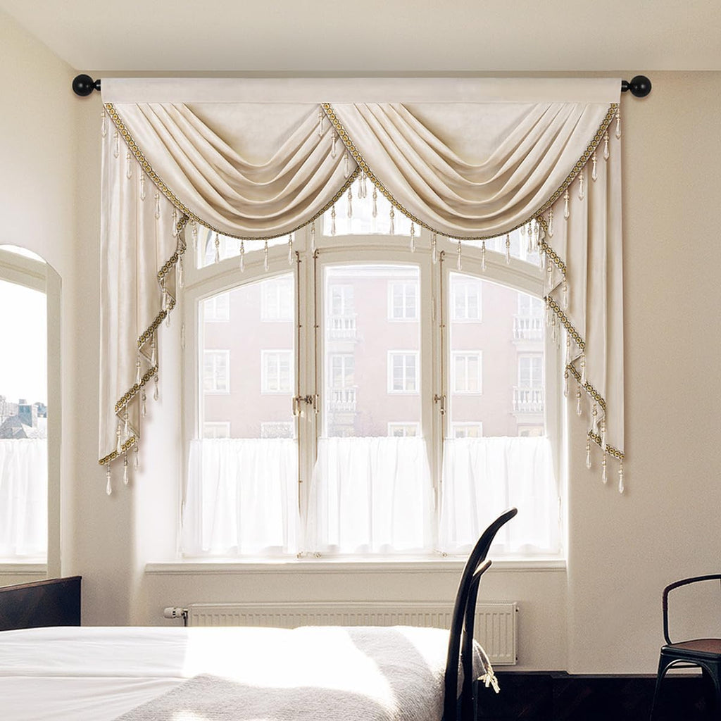 Luxury Cream Velvet Curtain Valances for Living Room with Beads(59inch,1 Panel)