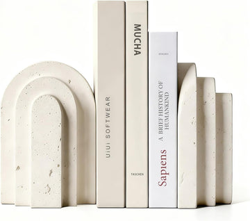 Ends for Heavy Books, Beige Modern Pleasing Layered Arch Design | Aesthetic Bookend Decorative, Concrete Book Ends to