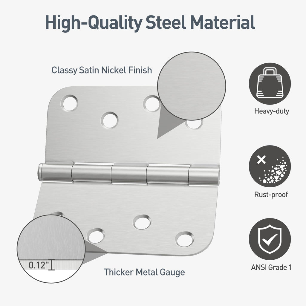 3 Pack 4 Inch Brushed Nickel Exterior Door Hinges, 5/8" Radius Corner