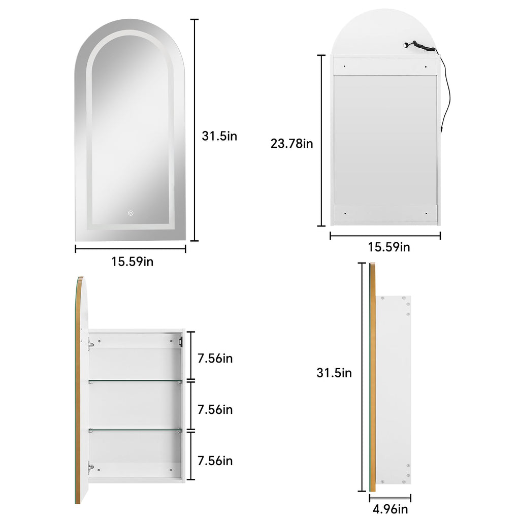 Arched Medicine Cabinet with LED Light, Recessed Black Bathroom Mirror Cabinet with Integrated Storage, Wall-Mounted