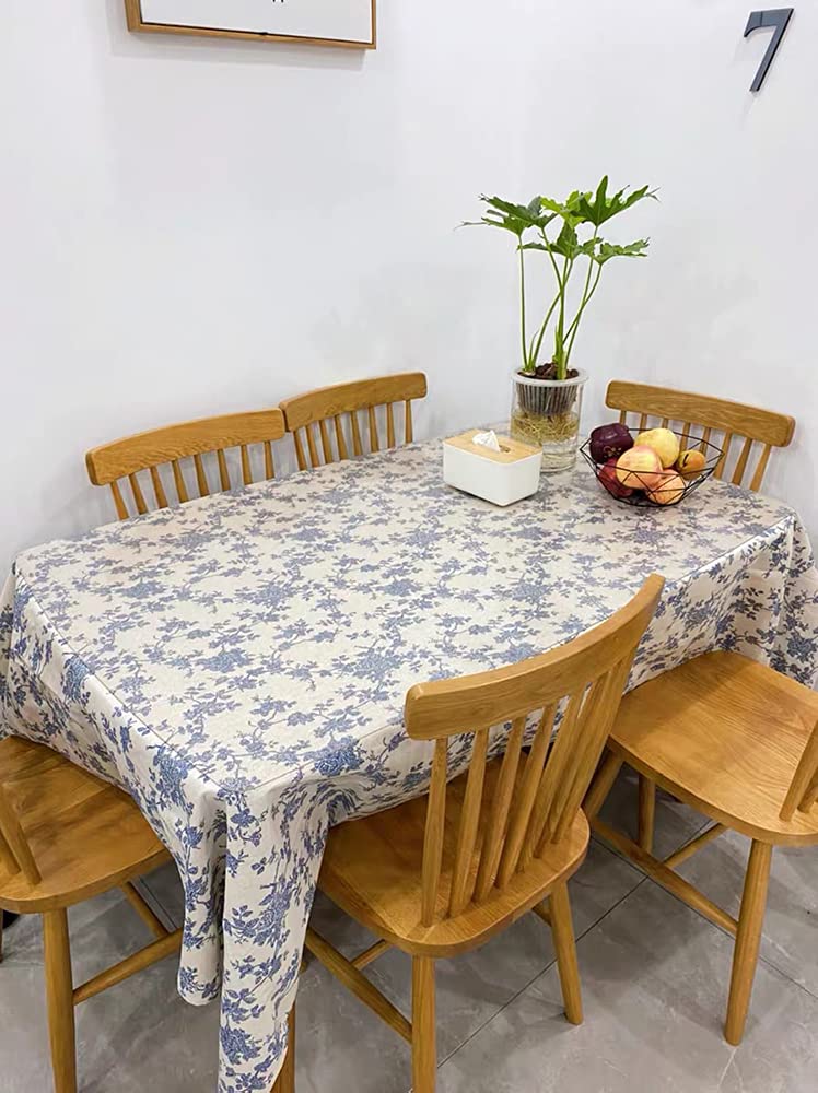 Cotton Linen Rectangle Tablecloth, Blue Floral Table Cloth 55"×71"