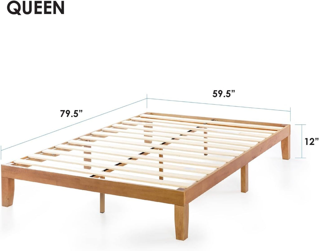 Naturalista Classic - 12 Inch Solid Wood Platform Bed with Wooden Slats, No Box Spring Needed, Easy Assembly, Queen