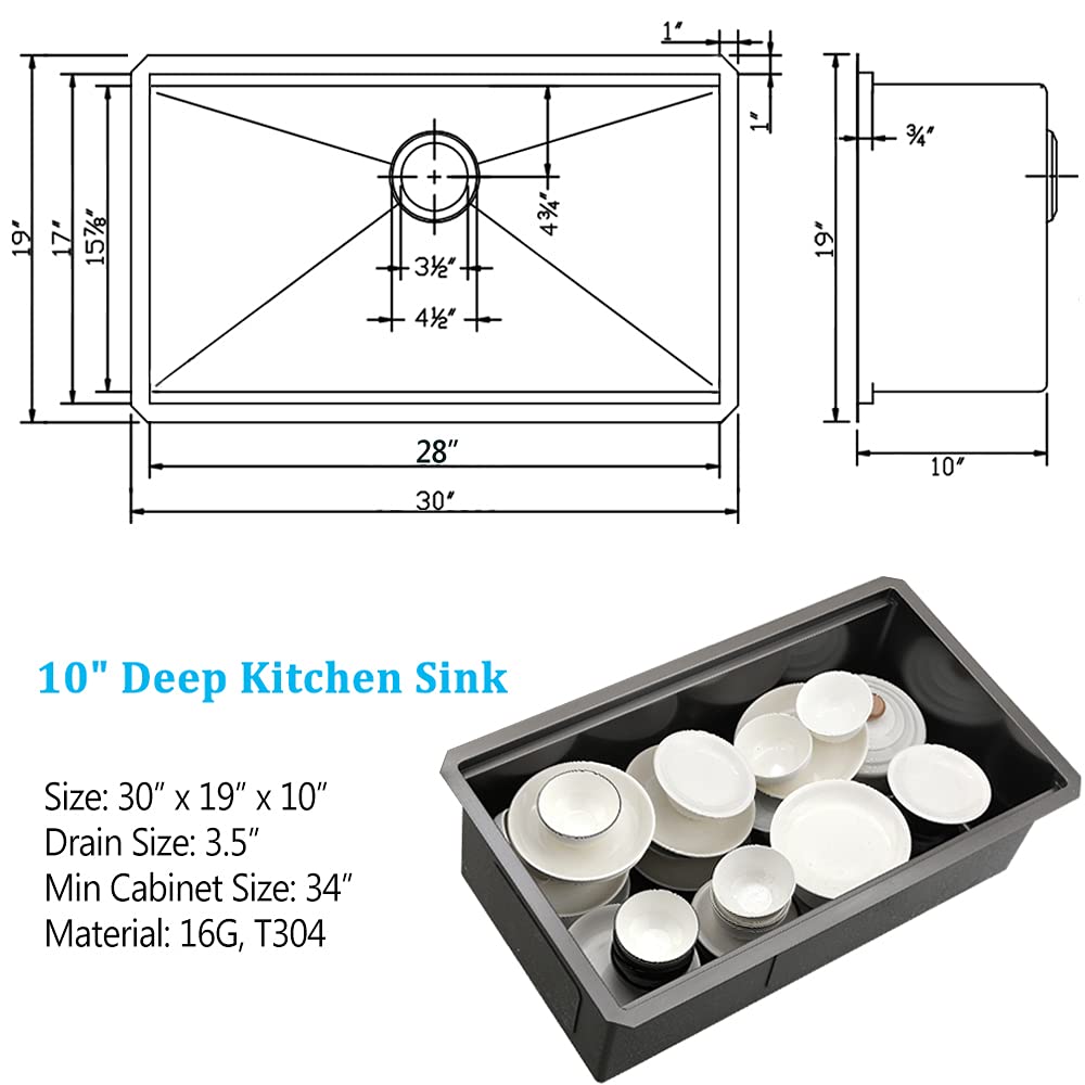 30 Inch Undermount Kitchen Sink Black Stainless Steel Deep Commercial 16 Gauge Single Bowl Undermount Workstation Sink