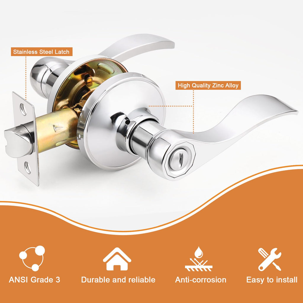 Privacy Door Handle Lever Polished Chrome Interior Door Handle, Chrome Door Lever Bathroom Keyless Interior Door Lock
