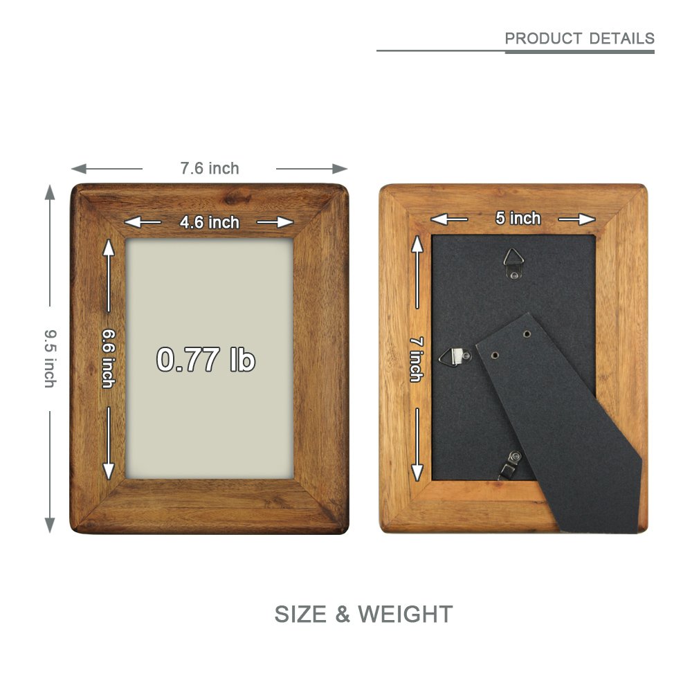 5x7 Inch Rustic Wood Picture Frame, Solid Wood Photo Frame with Real Glass, Tabletop Standing or Wall Hanging